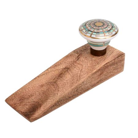 Emerald Hue Golden Pattern Ceramic Wooden Door Stopper